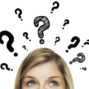 blond woman's half face with drawn question marks on top