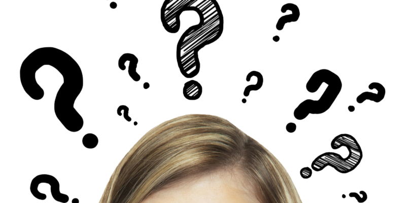 blond woman's half face with drawn question marks on top