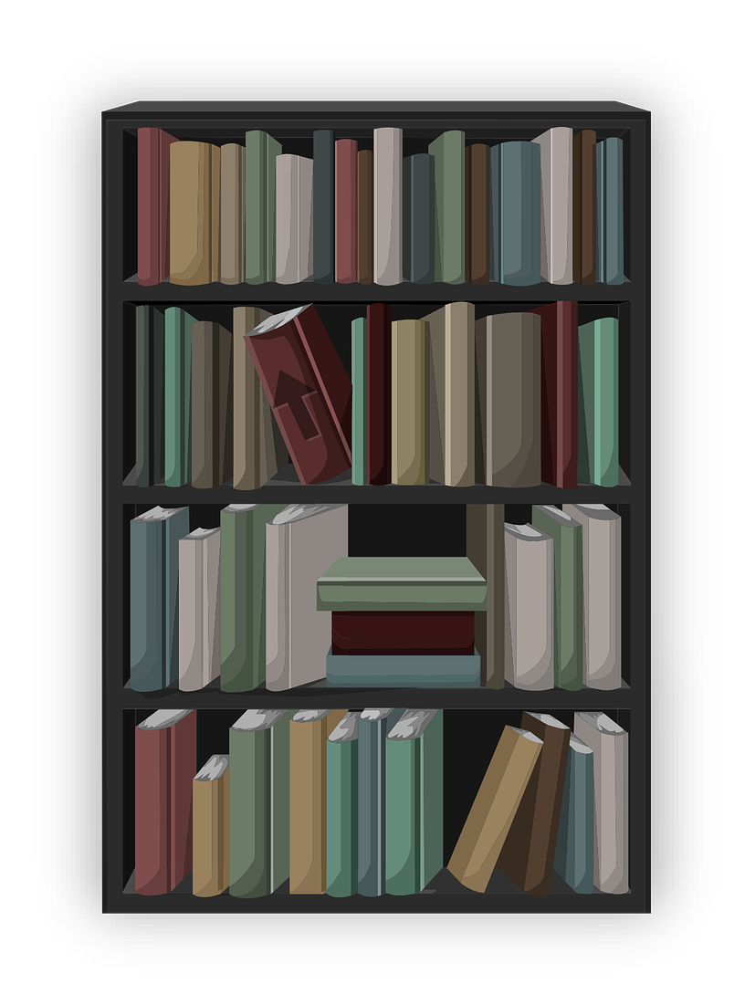 Cluttered bookshelf