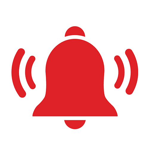 A red cartoon icon of a ringing bell.