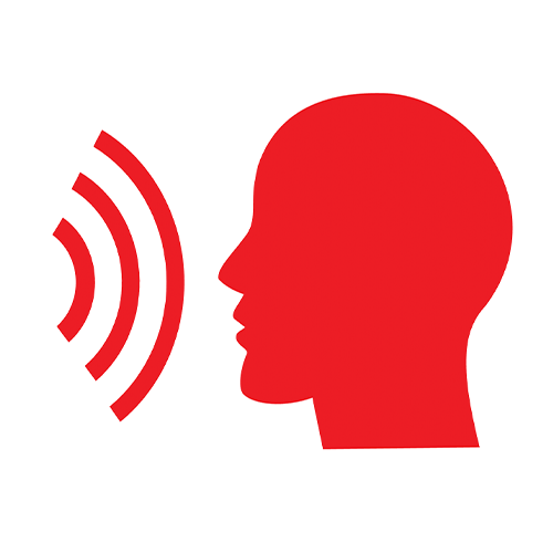 A red cartoon icon of a person's head with sound waves moving towards it.