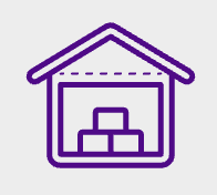 A black and white icon of a house with an open garage with three stacked boxes.