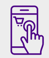 A black and white icon of hand tapping a phone with a shopping cart icon.
