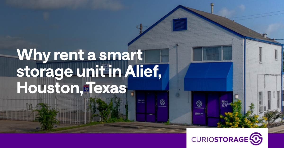 An image of the front office of Curio Storage Alief. A text banner reads, “Why rent a smart storage unit in Alief, Houston, Texas.”
